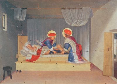Retábulo, A Virgem e o Menino cercado de anjos e oito santos. A Predella: São Cosme e São Damião transplantando a perna de um negro para um diácono Justiniano (têmpera no painel) de Fra Angelico