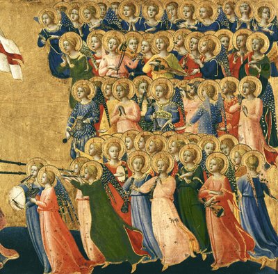 Cristo Glorificado na Corte do Céu, detalhe de anjos musicais do lado direito, 1419-35 (têmpera no painel) (detalhe de 4052) de Fra Angelico