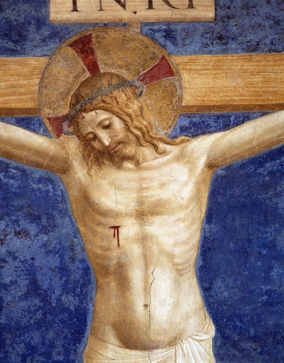 Cristo crucificado. Inscrição "INRI" na cruz, detalhe de Fra Angelico