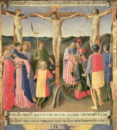 Cristo na cruz entre os dois ladrões, detalhe do painel quatro do tesouro de prata de Santissima Annunziata, c.1450-53 (têmpera no painel) de Fra Angelico