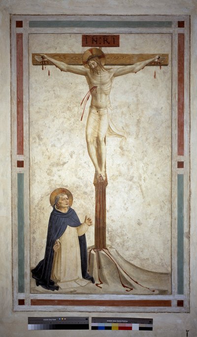 Crucificação com São Domingos. Inscrição "" INRI "" na cruz. Fresco de Guido di Pietro de Fra Angelico