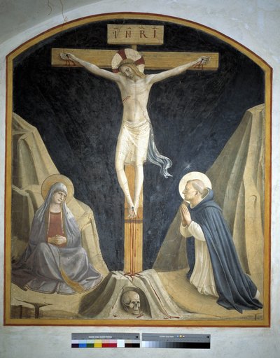 Crucificação com a Virgem Maria e São Domingos. Inscrição "INRI" na cruz 1442 de Fra Angelico