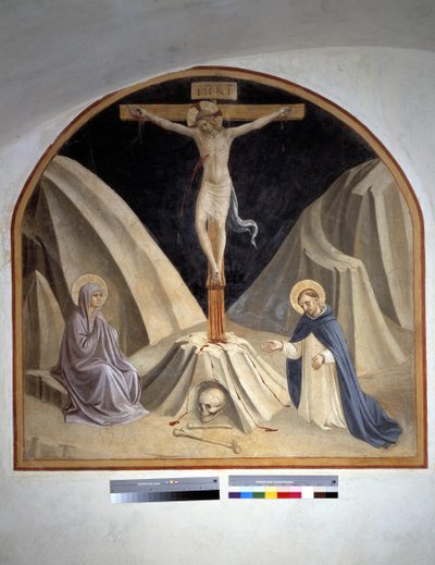 Crucificação com a Virgem Maria e São Domingos. Inscrição "INRI" na cruz 1442 de Fra Angelico
