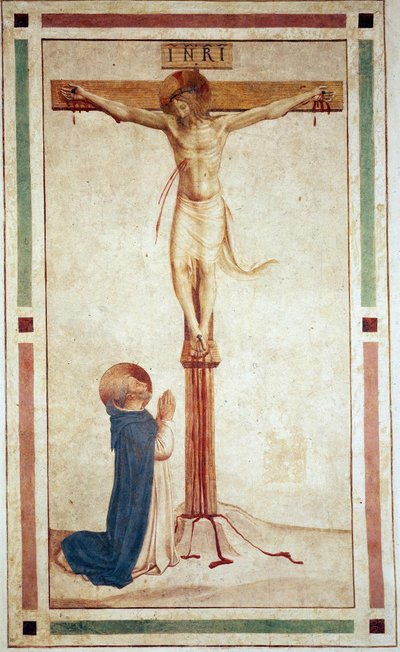 A crucificação com São Domingos. Inscrição "" INRI "" na cruz. Fresco de Guido di Pietro de Fra Angelico