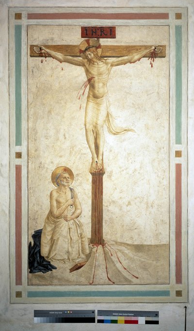 A crucificação com São Domingos. Inscrição "" INRI "" na cruz. Fresco de Guido di Pietro de Fra Angelico
