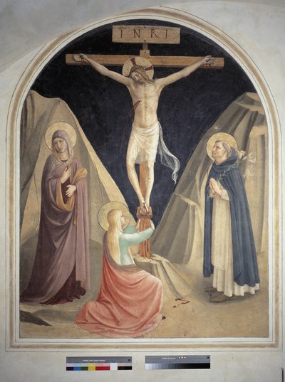 A crucificação com São Domingos, a Virgem Maria e Santa Maria Madalena. Inscrição "" INRI "" na cruz. Fresco de Guido di Pietro de Fra Angelico
