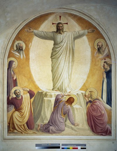 A transfiguração de Cristo. Os rostos de Moise e Elie estão representados em segundo plano. Abaixo vemos a Virgem e São Domingos. Então no chão, 3 dos apóstolos. Fresco de Guido di Pietro de Fra Angelico