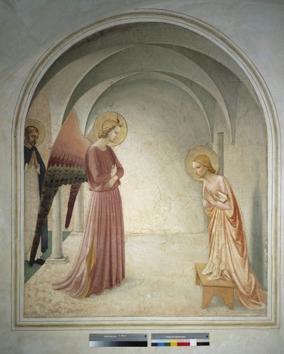 A Anunciação São Pedro, o mártir, fica atrás do Arcanjo Gabriel, fazendo o anúncio à Virgem Maria. Fresco de Guido di Pietro de Fra Angelico