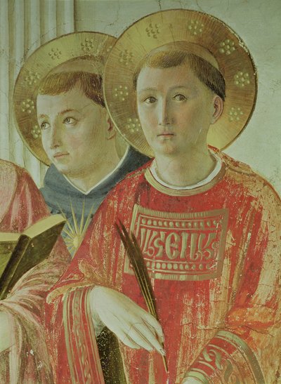 Madonna of the Shadow, detalhe de St. Thomas Aquinas e St. Lawrence, do corredor do primeiro andar (afresco) de Fra Angelico