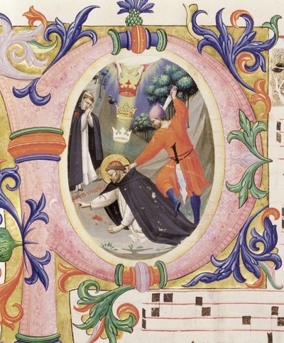 Missal 558 f.68v Historiated inicial &39;P&39; representando o assassinato de São Pedro, o Mártir de Fra Angelico