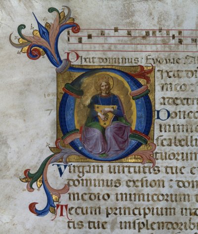 Ms 531 f.169v Historiated inicial &39;D&39; representando o rei David com sua lira, de um saltério de San Marco e Cenacoli de Fra Angelico