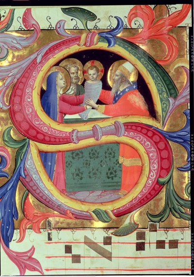 Ms 558 f.26v A Apresentação no Templo, retratada em um S inicial historiated, detalhe de um Missal, detalhe de velino do início dos anos de 1430 de 78832 de Fra Angelico
