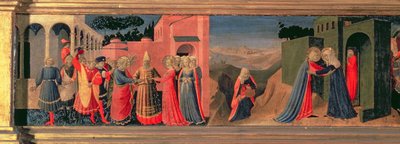 Painel Predella à Anunciação mostrando o casamento da Virgem e a Visitação de Fra Angelico