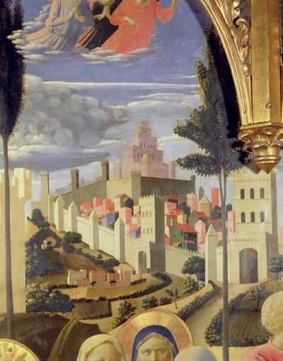 Retábulo de Santa Trinita, detalhe da cidade de Jerusalém e do Templo de Salomão, c.1434 têmpera e ouro no painel de Fra Angelico