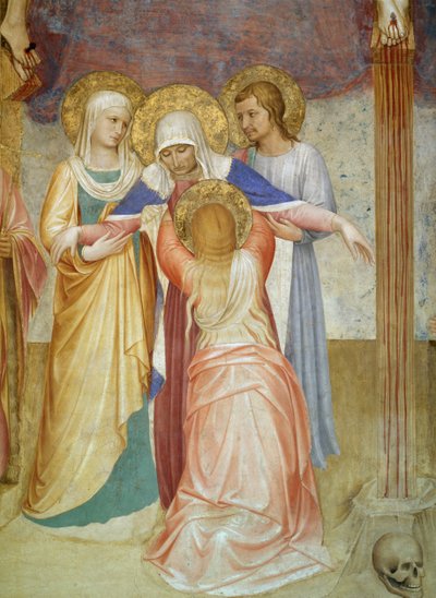 A Crucificação, detalhe da Virgem e atendentes da Casa do Capítulo, afresco 1441-42 de Fra Angelico