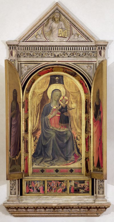O tríptico de Linaiuoli (com venezianas abertas): A Virgem e o Menino entronizados com São João Batista e São Marcos, 1433 (têmpera no painel) (para detalhes ver 119416) de Fra Angelico