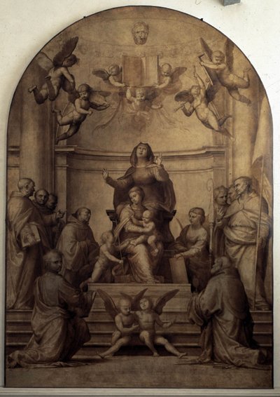 Pala del Gran Consiglio representando Santa Ana, a Virgem e os meninos Jesus e São João Batista cercados por Santos. de Fra Bartolommeo