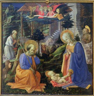 Adoração da criança com SS. Hilary, Jerome, Maria Madalena e Anjos (têmpera no painel) de Fra Filippo Lippi