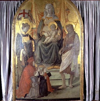 Madonna e Child Enthroned com a SS. Estêvão, João Batista, Francesco Datini (c.1335-1410) e a família Ceppo de Fra Filippo Lippi