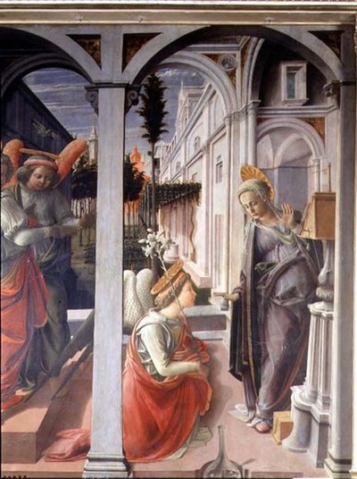 A Anunciação, detalhe de Anjo Gabriel e Virgem de Fra Filippo Lippi