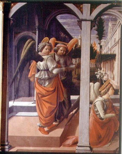 A Anunciação, detalhe dos dois anjos de Fra Filippo Lippi