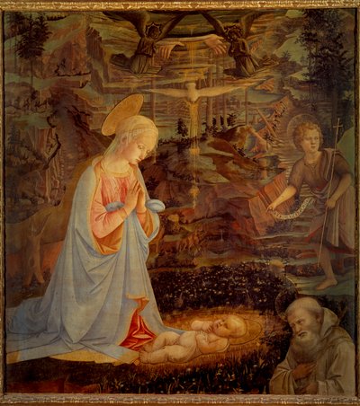 A Virgem, o Menino Jesus, São João Batista e São Bernardo de Claravalle (São Bernardo de Chiaravalle) (1090 - 1153) Este último foi o fundador da Ordem dos Cistercienses e o primeiro patrono da Ordem dos Templários. Detrempe na w de Fra Filippo Lippi