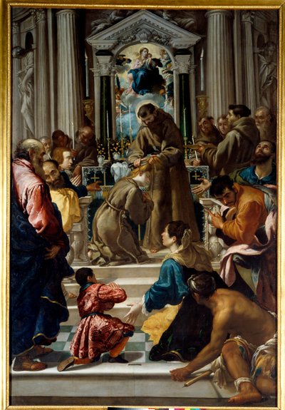 São Francisco de Assis (1181-1223) corta o cabelo de Santa Claire (1193-1253). Pintura por Semplice De Verona (1589-1654) Ec. Ital. de Fra Semplice da Verona