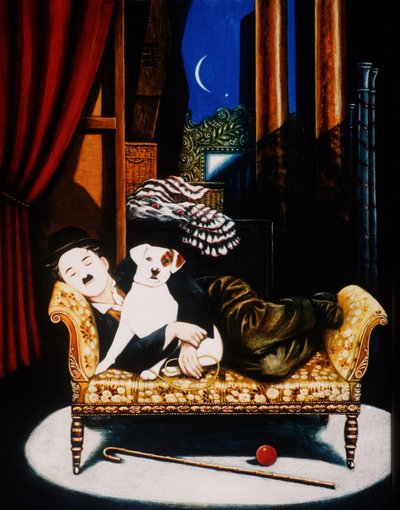 Charlie Chaplin e Scraps, 1992 (óleos e têmpera no painel) de Frances Broomfield