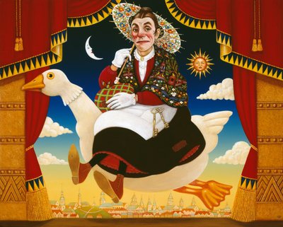 Dan Leno (1860-1904) como Mother Goose, 1996 (óleo e têmpera no painel) de Frances Broomfield