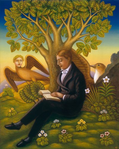 Keats (1795-1821) e Nightingale, 2002 (óleo e têmpera no painel) de Frances Broomfield