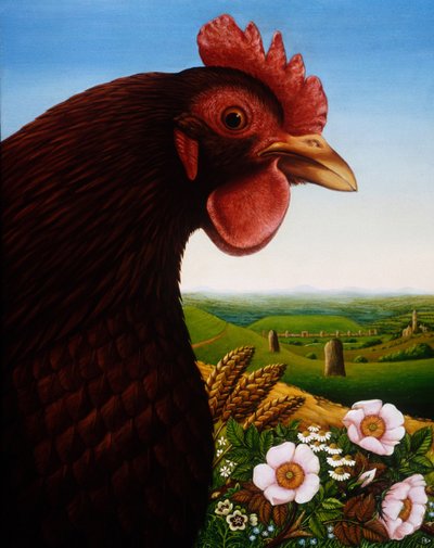 Música de um Reino Perdido (Big Chicken), 1987 (óleo e têmpera no painel) de Frances Broomfield