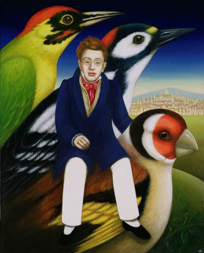 Schubert e a linguagem dos pássaros, 2000 (óleo e têmpera no painel) de Frances Broomfield