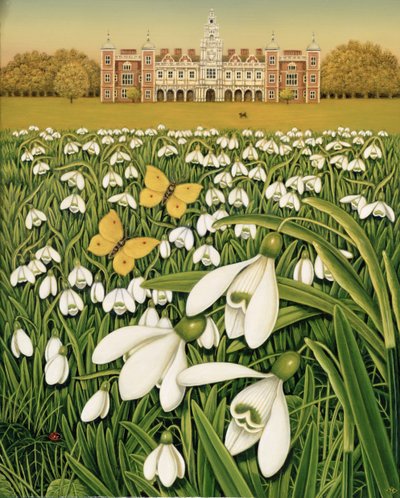 Snowdrop Day, Hatfield House, 1999 (óleo e têmpera no campo) de Frances Broomfield