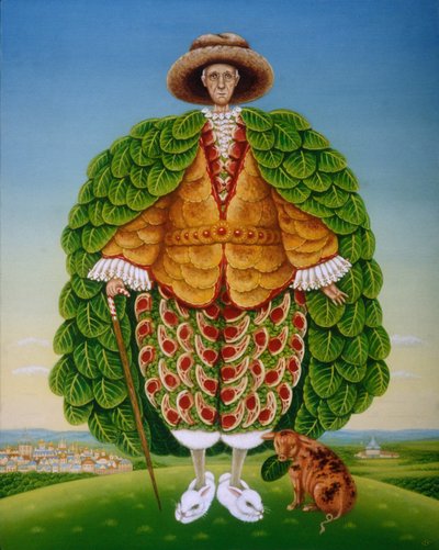 The New Vestments (Ivor Cutler como personagem em Edward Lear poem), 1994 (óleos e têmpera no painel) de Frances Broomfield