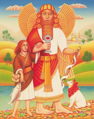 Tobias e o Anjo, 2009 (óleo e tempera no painel) de Frances Broomfield