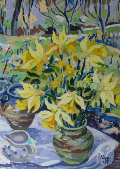 First Daffodils, 2024 (acrílico sobre tela) de Frances Naggs