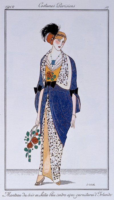 Fantasias parisienses: Casaco de noite em cetim azul cinzento com caimento irlandês. Desenho de Francisco Javier Gose (1876-1915) Ec. Esp. de Francesc Xavier Gosé
