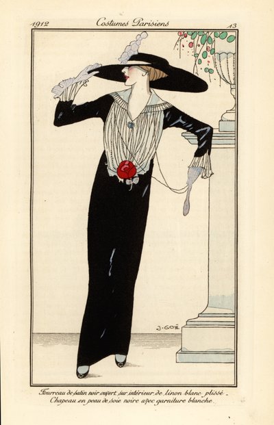 Mulher com vestido de cetim preto, chapéu de seda preto de Francesc Xavier Gosé
