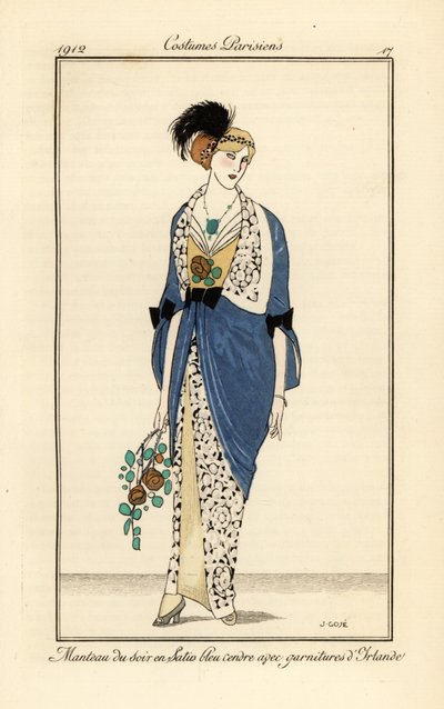Mulher com vestido de cetim azul cinzas com renda irlandesa. Manteau du soir en cetim bleu cendre avec garnitures d