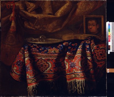Natureza morta com autorretrato. (Natureza morta com autorretrato). Pintura de Francesco Fieravino (entre 1610 e 1660). Arte italiana, estilo barroco. Galeria de Arte Regional A. Deineka, Kursk, Rússia de Francesco (b.1640) Fieravino