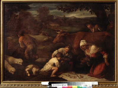 ""Le soir"" (Noite) Família de pastores, mulheres e crianças almoçando na grama. Pintura da comitiva de Jacopo Bassano (da Ponte) (1510-1592) Século XVI Ivan Kramskoy (ou Kramskoi) Museu de Belas Artes de Voronezh (Voronezh), Rússia. de Francesco (circle of) Bassano