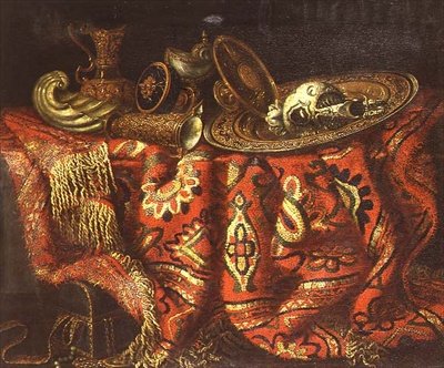 Uma taça nautilus, uma patena, uma ovelha e um prato dourado sobre um tapete drapeado sobre um parapeito. de Francesco (circle of) Fieravino