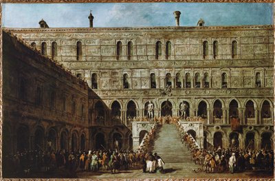 Coroação do Doge de Veneza nas escadas dos Gigantes do palácio ducal ... de Francesco (circle of) Guardi