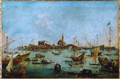 O Doge, na sua gôndola dourada, a Bucintoro, passa por San Niccolo del Lido ... de Francesco (circle of) Guardi