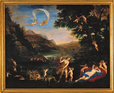 Adonis conduit pres de Venus par les Amours - os deuses do amor conduzem Adonis em direção a Vénus ... de Francesco Albani