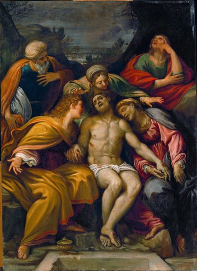 Deploração, com São João apóstolo, Santa Madalena, Maria-Salomé, José de Arimateia e Santa Maria ... de Francesco Albani