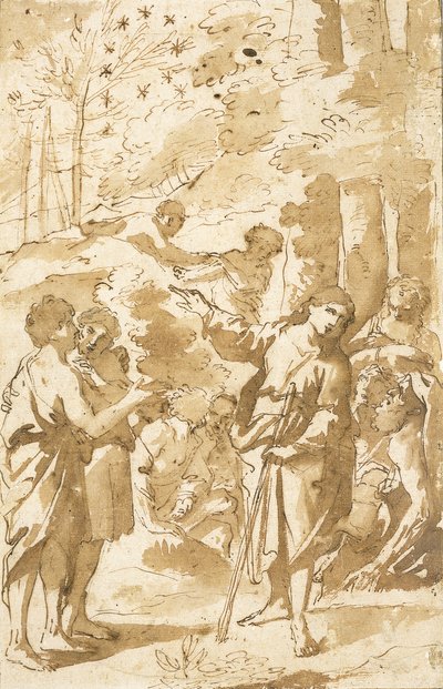 Joseph contando seu sonho para seu pai e irmãos e apontando para onze estrelas no céu de Francesco Albani