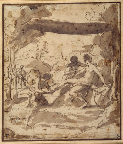 Vénus, reclinada sob um dossel rústico, com Adonis a prender a sua sandália (caneta e tinta com lavagem sobre papel) de Francesco Albani