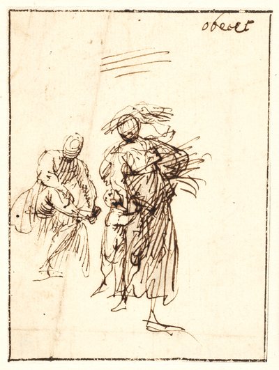 Esboço de mulher andando com uma criança ao seu lado e uma figura sentada atrás de Francesco Allegrini