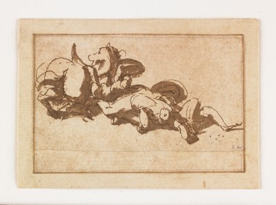 Estudo de duas figuras mortas e um cavalo (caneta e tinta marrom e lavagem) de Francesco Allegrini